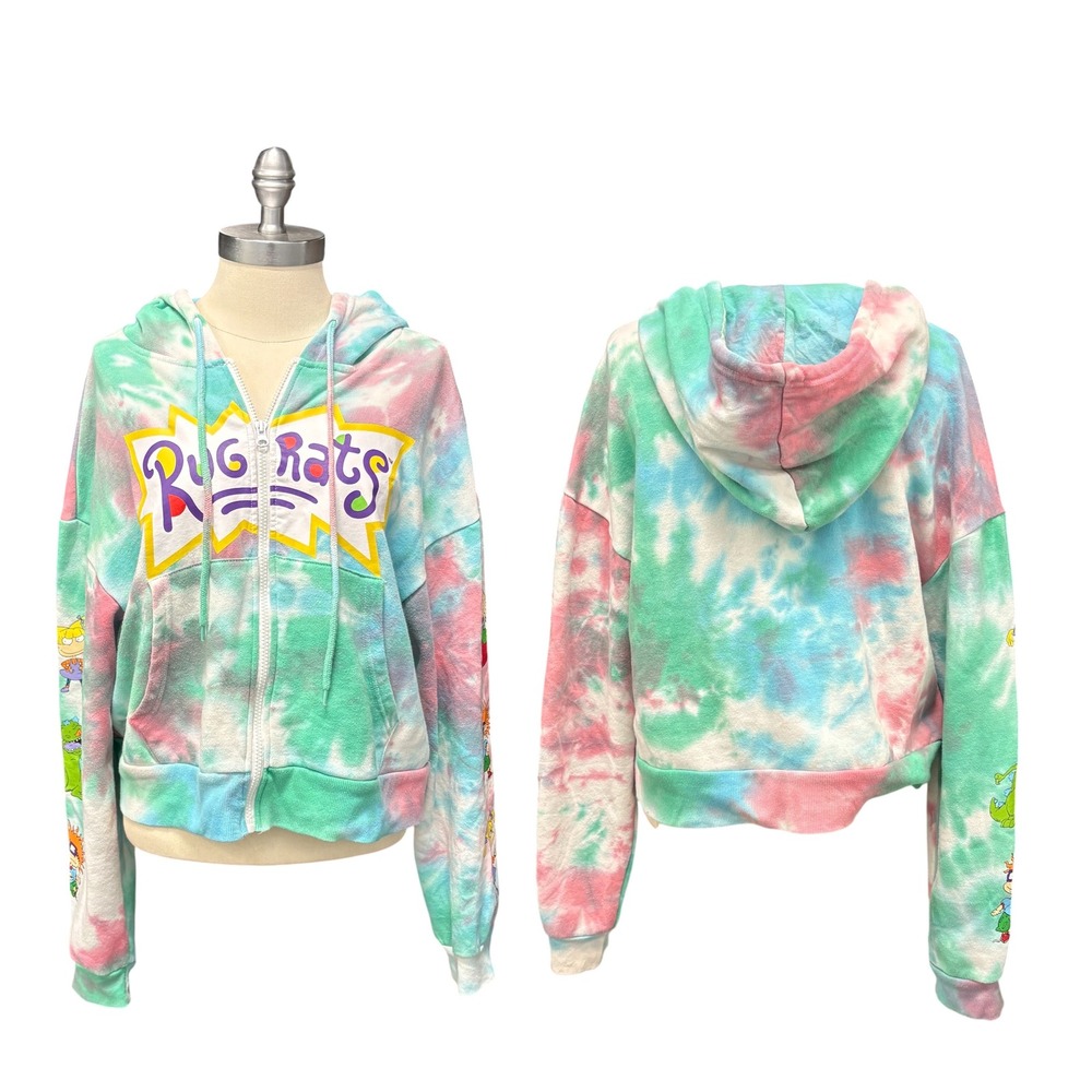Nickelodeon Rugrats Tie-Dye Hoodie Size M Cropped Full Zip Sweatshirt Blue Pink